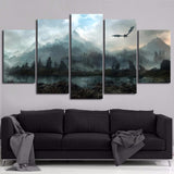 Game Of Thrones Dragon Skyrim Painting Framed 5 Piece Canvas Wall Art - 5 Panel Canvas Wall Art - FabTastic.Co