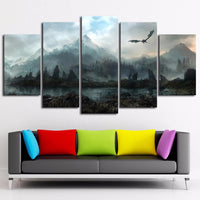 Game Of Thrones Dragon Skyrim Painting Framed 5 Piece Canvas Wall Art - 5 Panel Canvas Wall Art - FabTastic.Co