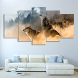 Howling Wolves Animals in Natural Mountain Tree Clouds Wolf Framed 5 Piece Canvas Wall Art