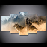 Howling Wolves Animals in Natural Mountain Tree Clouds Wolf Framed 5 Piece Canvas Wall Art