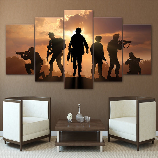 Patriotic US Military Soldiers Framed 5 Piece Panel Canvas Wall Art Print