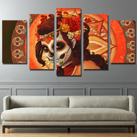 Mexican Day Of The Dead Face Skull Skeleton Framed 5 Piece Canvas Wall Art Decor Print Picture Painting