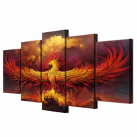 Phoenix Bird Rising Flames Framed 5 Piece Canvas Wall Art Painting Wallpaper Poster Picture Print Photo Decor