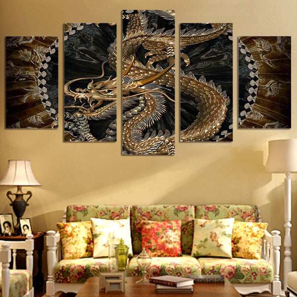 Chinese Golden Dragon Framed 5 Piece Canvas Wall Art Picture Painting Print Decor