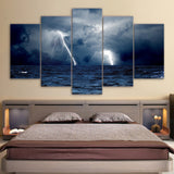 Cloudy Lightning Ocean Waves & Sea Storm Framed 5 Piece Canvas Wall Art - 5 Panel Canvas Wall Art - FabTastic.Co