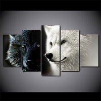Black & White Wolf Wolves Couple Framed 5 Piece Canvas Wall Art
