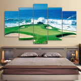 Golf Course Waves Crashing On Coast Framed 5 Piece Canvas Wall Art - 5 Panel Canvas Wall Art - FabTastic.Co