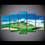 Golf Course Waves Crashing On Coast Framed 5 Piece Canvas Wall Art - 5 Panel Canvas Wall Art - FabTastic.Co