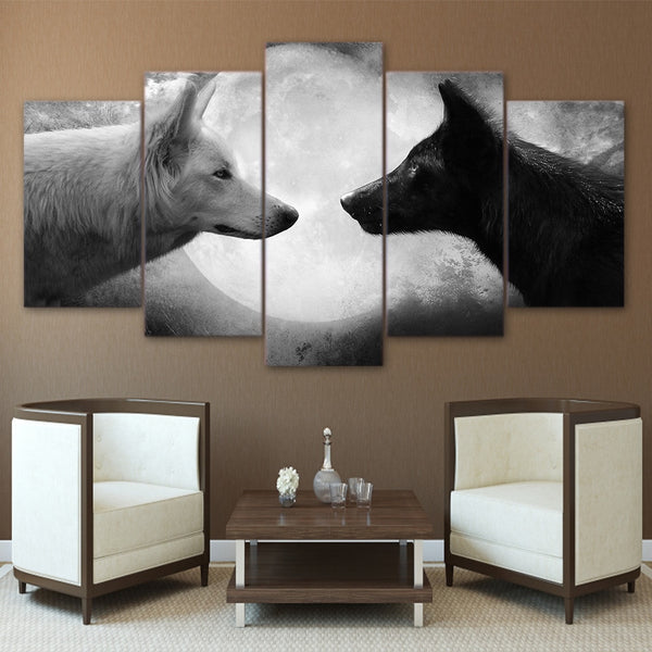 Black & White Wolves & Full Moon 5 Piece Canvas Wall Art - 5 Panel Canvas Wall Art - FabTastic.Co