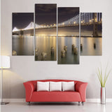 San Francisco City California USA Golden Gate Bridge At Night Framed 4 Piece Canvas Wall Art