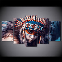Native American Indian Girl Painting Framed 5 Piece Canvas Wall Art - 5 Panel Canvas Wall Art - FabTastic.Co
