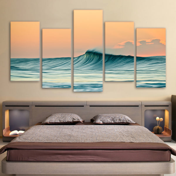 Ocean Waves Seascape Framed 5 Piece Canvas Wall Art Painting Wallpaper Poster Picture Print Photo Decor
