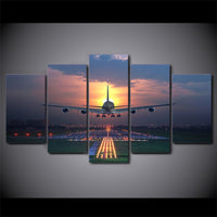 Sunset Airplane Landing On Runway Framed 5 Piece Canvas Wall Art - 5 Panel Canvas Wall Art - FabTastic.Co