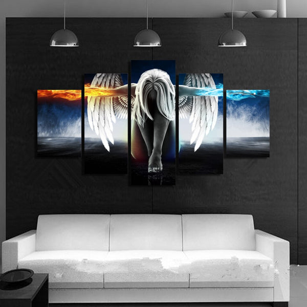 Anime Angel Girl Wings Fire & Ice Framed 5 Piece Canvas Wall Art Painting Print Picture