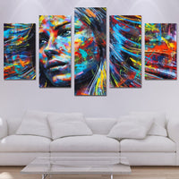 Colorido rostro de mujer y cabello, obra de arte abstracta enmarcada, lienzo de 5 piezas, impresión artística de pared 