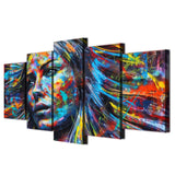 Colorido rostro de mujer y cabello, obra de arte abstracta enmarcada, lienzo de 5 piezas, impresión artística de pared 