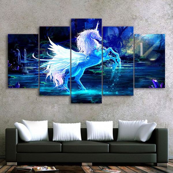3D White & Blue Fantasy Unicorn Horse Framed 5 Piece Canvas Wall Art - 5 Panel Canvas Wall Art - FabTastic.Co