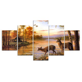 Deer In Autumn Forest Lake Cabin Framed 5 Piece Canvas Wall Art Painting Wallpaper Poster Picture Print Photo Decor