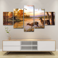 Deer In Autumn Forest Lake Cabin Framed 5 Piece Canvas Wall Art Painting Wallpaper Poster Picture Print Photo Decor