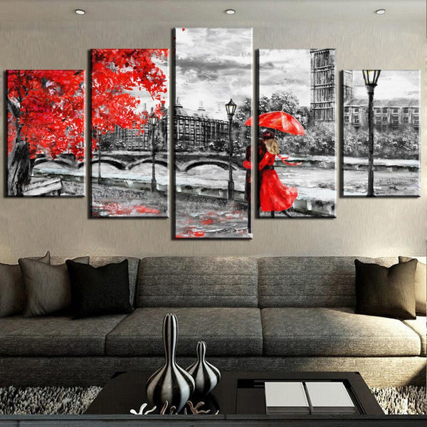 London Clock Tower Black & White With Red Tree & People Framed 5 Piece Canvas Wall Art - 5 Panel Canvas Wall Art - FabTastic.Co