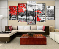 London Clock Tower Black & White With Red Tree & People Framed 5 Piece Canvas Wall Art - 5 Panel Canvas Wall Art - FabTastic.Co