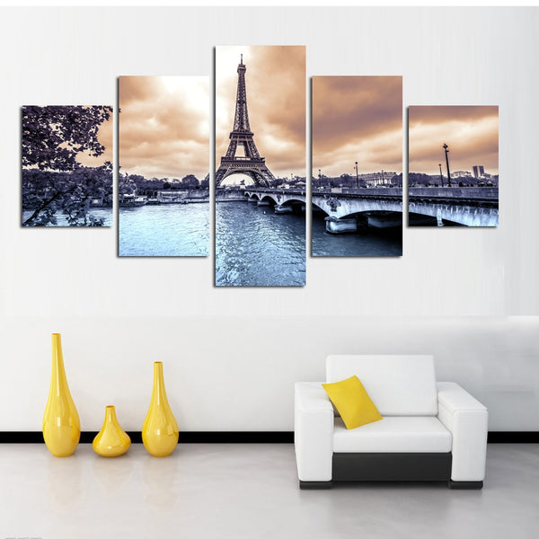Paris City  Eiffel Tower & River Bridge Framed 5 Piece Panel Canvas Wall Art Print