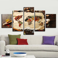 Grains & Spices World Earth Globe Map Framed 5 Piece Canvas Wall Art - 5 Panel Canvas Wall Art - FabTastic.Co