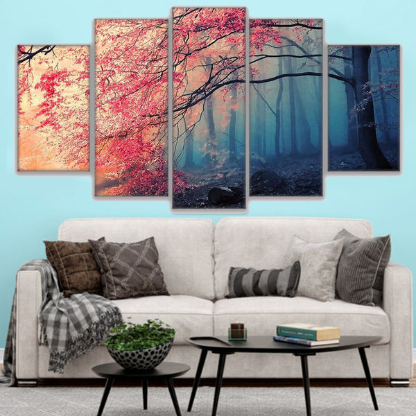 Impresión de arte de pared de lienzo de 5 piezas con marco de bosque de flores de cerezo 