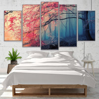 Impresión de arte de pared de lienzo de 5 piezas con marco de bosque de flores de cerezo 