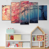 Cherry Tree Blossoms Forest Framed 5 Piece Panel Canvas Wall Art Print