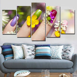 Beauty Salon Manicure Colorful Flower Woman Nails Framed 5 Piece Canvas Wall Art - 5 Panel Canvas Wall Art - FabTastic.Co