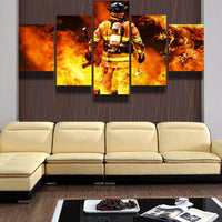 Firemen Firefighter Fighting Flame Fires Framed 5 Piece Panel Canvas Wall Art Print