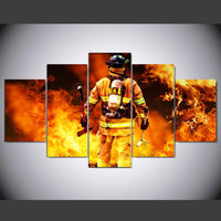 Firemen Firefighter Fighting Flame Fires Framed 5 Piece Panel Canvas Wall Art Print