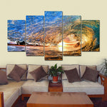 Framed 5 Piece Ocean Wave Sunrise Sunset Surf Seascape Canvas Wall Art Painting Wallpaper Poster Picture Print Photo Decor