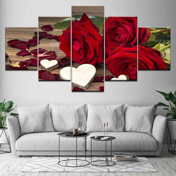 Beautiful Red Roses & White Hearts Framed 5 Piece Canvas Wall Art - 5 Panel Canvas Wall Art - FabTastic.Co