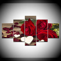 Beautiful Red Roses & White Hearts Framed 5 Piece Canvas Wall Art - 5 Panel Canvas Wall Art - FabTastic.Co