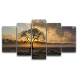 Beautiful Sunrise Tree & Clouds Framed 5 Piece Canvas Wall Art - 5 Panel Canvas Wall Art - FabTastic.Co