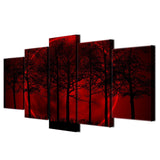Red Sun Halo Forest Trees Framed 5 Piece Canvas Wall Art - 5 Panel Canvas Wall Art - FabTastic.Co