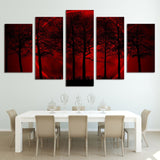Red Sun Halo Forest Trees Framed 5 Piece Canvas Wall Art - 5 Panel Canvas Wall Art - FabTastic.Co
