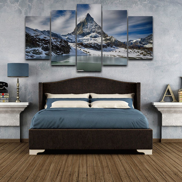 Zermatt Snowy Mountain Peak Framed 5 Piece Panel Canvas Wall Art Print