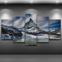 Zermatt Snowy Mountain Peak Framed 5 Piece Panel Canvas Wall Art Print