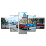 Havana Cuba Red Blue Car In The City Framed 5 Piece Canvas Wall Art - 5 Panel Canvas Wall Art - FabTastic.Co