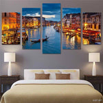 Night Lights In Venice City Boats On Water Canals Water Framed 5 Piece Canvas Wall Art - 5 Panel Canvas Wall Art - FabTastic.Co