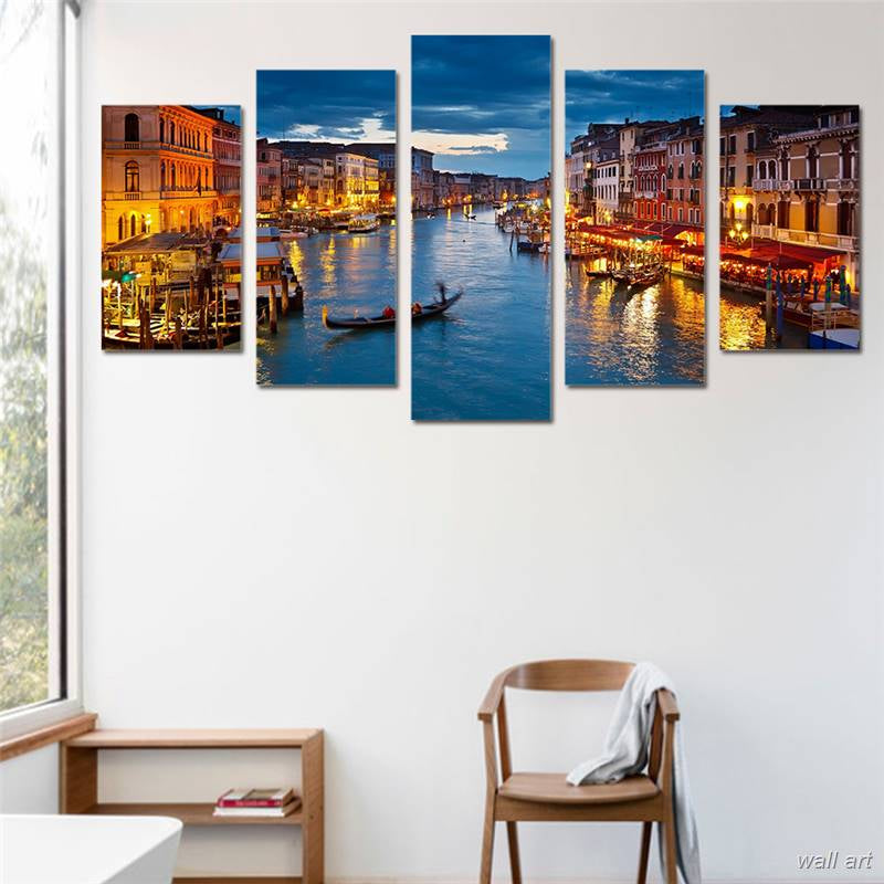 Night Lights In Venice City Boats On Water Canals Water Framed 5 Piece ...