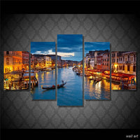 Night Lights In Venice City Boats On Water Canals Water Framed 5 Piece Canvas Wall Art - 5 Panel Canvas Wall Art - FabTastic.Co
