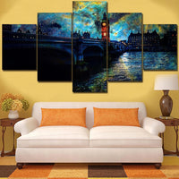 Night In London City On River Thames Painting Framed 5 Piece Canvas Wall Art - 5 Panel Canvas Wall Art - FabTastic.Co