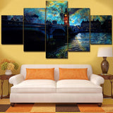 Night In London City On River Thames Painting Framed 5 Piece Canvas Wall Art - 5 Panel Canvas Wall Art - FabTastic.Co