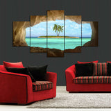 Azure Seascape Ocean Tropical Island Sea Palm Tree Framed 5 Piece Canvas Wall Art - 5 Panel Canvas Wall Art - FabTastic.Co