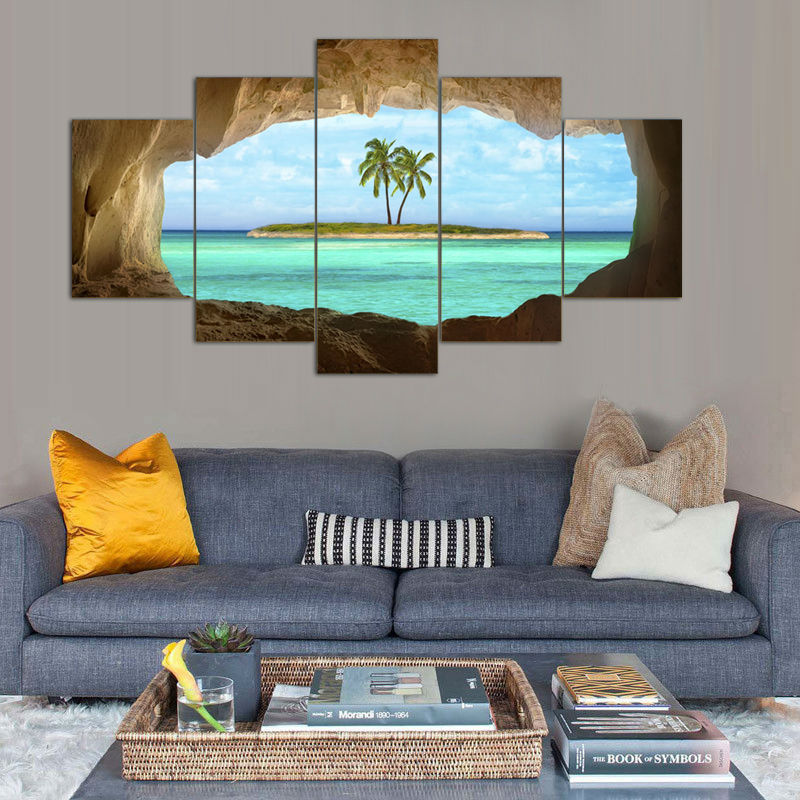 Azure Seascape Ocean Tropical Island Sea Palm Tree Framed 5 Piece Canv ...