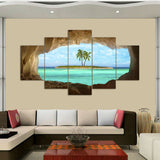 Azure Seascape Ocean Tropical Island Sea Palm Tree Framed 5 Piece Canvas Wall Art - 5 Panel Canvas Wall Art - FabTastic.Co